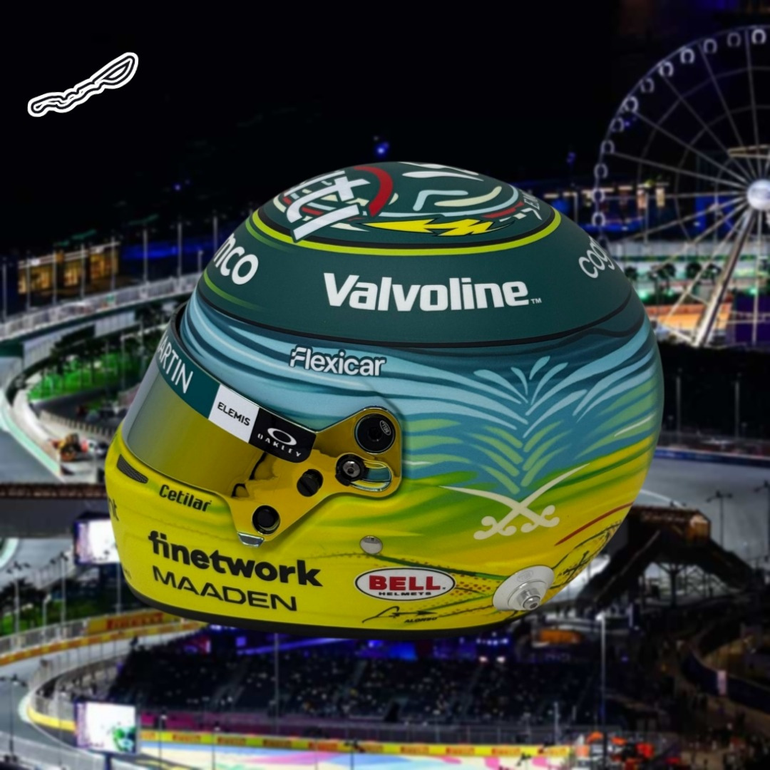 Mini Casco 1/2 GP Arabia 2025 Aston Martin - Edición Limitada Fernando Alonso