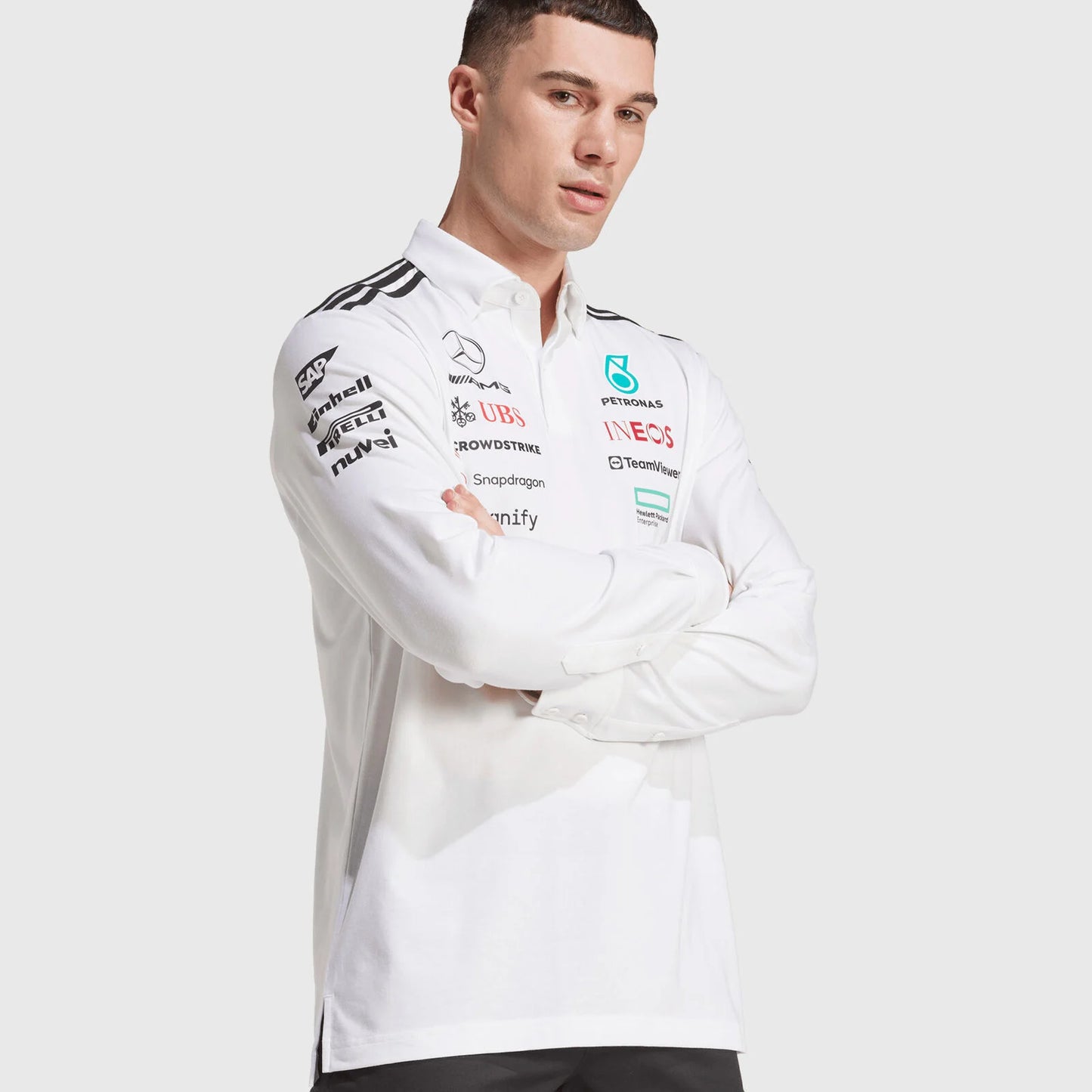 Playera Polo Blanca Manga Larga Mercedes-AMG F1 2025 Teamwear