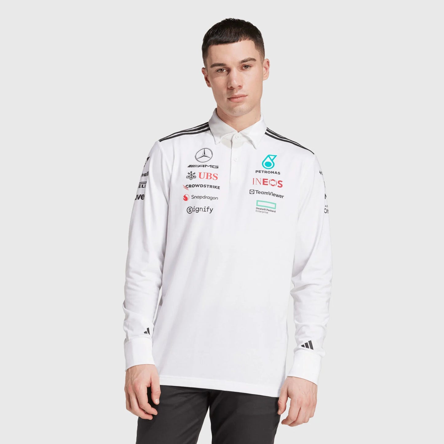 Playera Polo Blanca Manga Larga Mercedes-AMG F1 2025 Teamwear